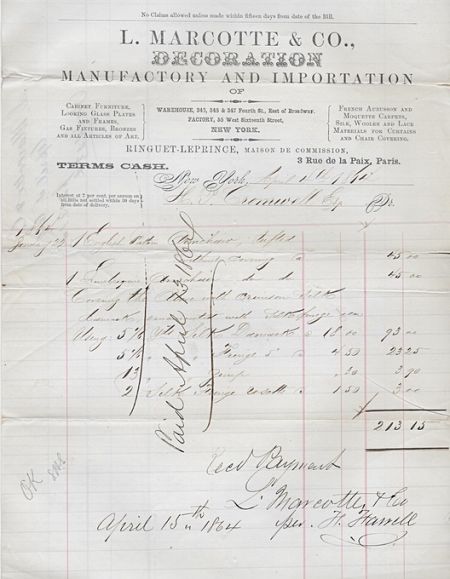 1864 Antique Billhead ~ Leon Marcotte, Ringuet Leprince Furniture