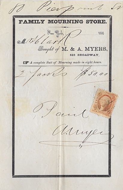1860's Antique Billhead ~ M&A Myers Family Mourning Store NYC