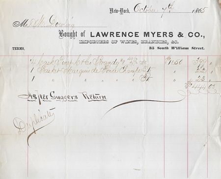 1865 Antique Billhead ~ Lawrence Myers Wines, Brandies ~ NYC