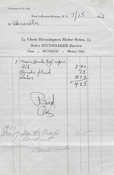 1930's Studebaker Repair Bill ~ Chris Henningsen Port Jefferson Station NY