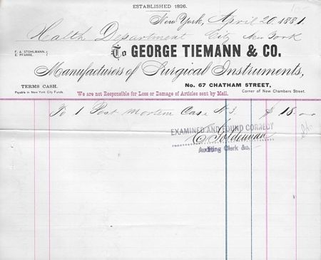 1881 Antique Billhead ~ George Tiemann Surgical Post Mortem Case, NYC