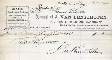 Antique 1865 Billhead ~ J. Van Benschoten Clothing, NYC