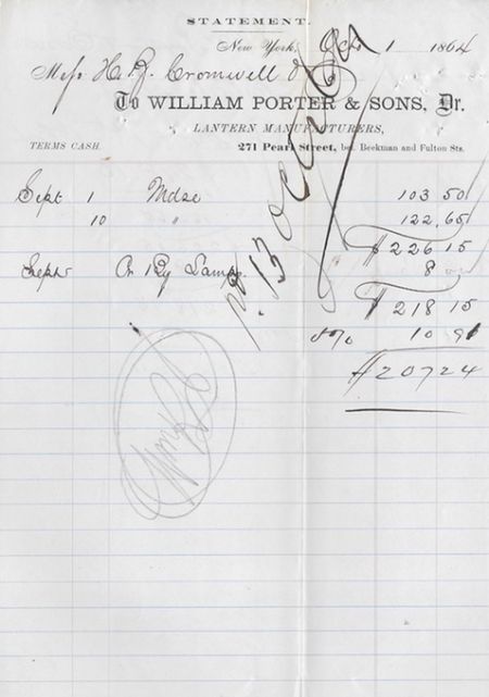 1864 Antique Billhead Invoice ~ William Porter Lanterns, NYC