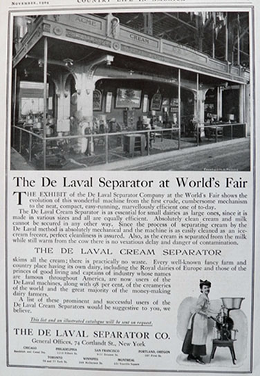 1904 De Laval Separator Ad ~ World's Fair Photo