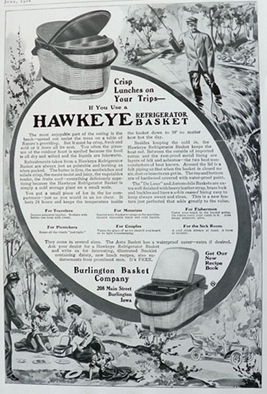 1908 Antique Hawkeye Refrigerator Picnic Basket Ad