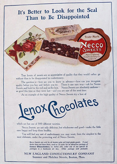 1908 Necco Sweets Lenox Chocolates Ad
