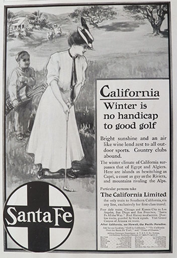 1907 Santa Fe Railway Ad ~ Woman Golfer