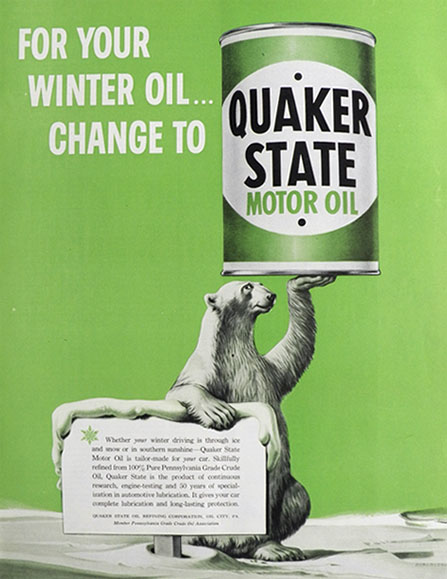 1953 Quaker State Motor Oil Ad ~ Durenceau Polar Bear