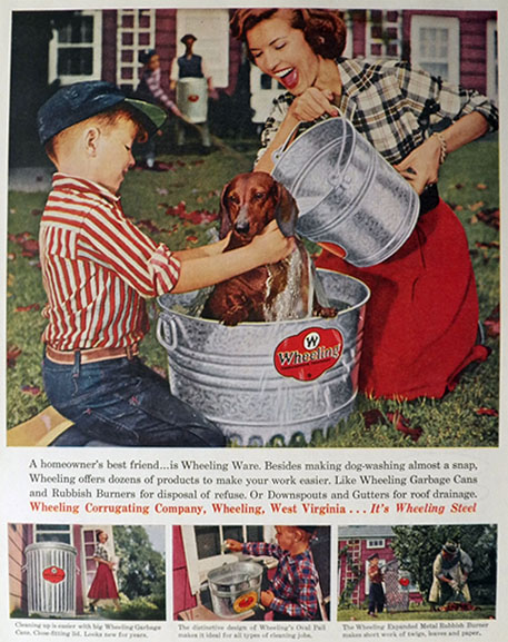 1957 Wheeling Metal Ware Ad ~ Dachshund Gets Bath