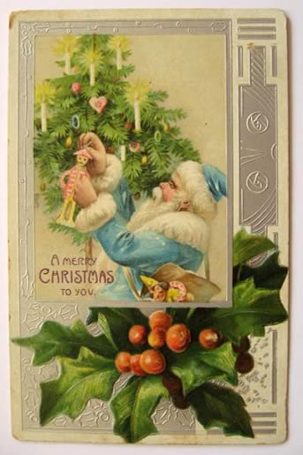 Old World Santa in Blue Hangs Ornaments Postcard