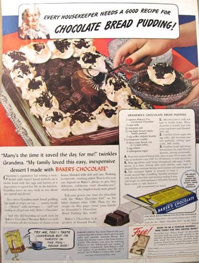 1940 Baker's Chocolate Ad ~ Chocolate Bread Pudding Recipe