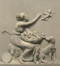 Woman with Dog & Basket of Cupid Babies ~ Antique Print