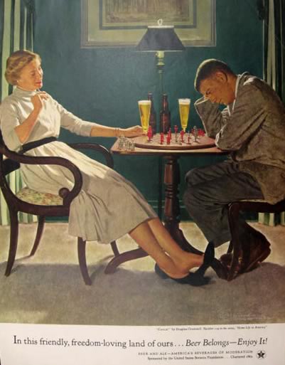 1955 Beer Belongs Ad ~ Chess Couple ~ Douglass Crockwell