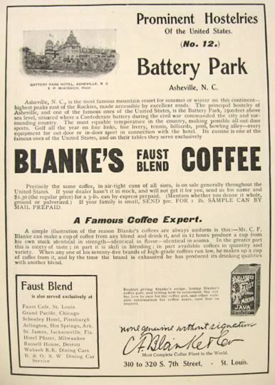 1900 Blanke's Faust Blend Coffee Ad ~ Battery Park Hotel, Asheville, NC