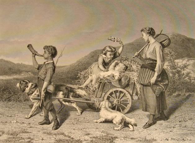 Antique Print ~ Steel Engraving ~ Dog Pulls Baby in Wheelbarrow