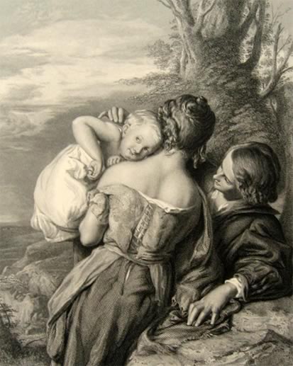 Woman and Young Man with Child ~ Antique Print