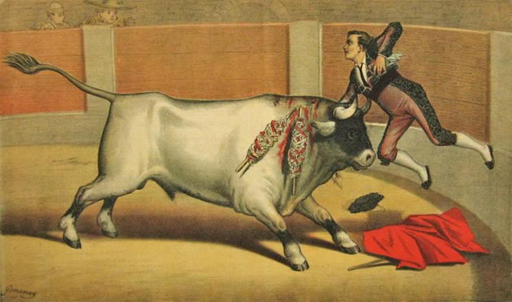 La Lidia Antique Bullfighting Print ~ Angel Pastor Gets Gored