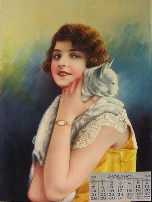 1923 Roaring 20's Style Woman Holds White Cat ~ Antique Print, Calendar Sample