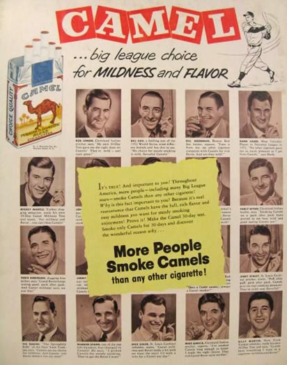 1953 Camel Cigarettes Ad ~ Baseball Players ~ Mickey Mantle, Warren Spahn, Billy Martin, etc