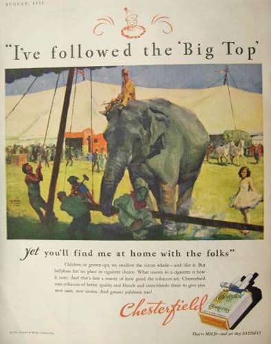 1931 Chesterfield Cigarettes Ad ~ Big Top Circus Elephant