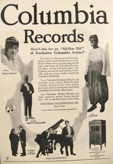 1919 Columbia Records Ad ~ Al Jolson, Nora Bayes