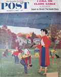 1957 Saturday Evening Post Cover ~ Mom Brings Galoshes for Football Kid