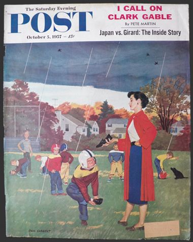 1957 Saturday Evening Post Cover ~ Mom Brings Galoshes for Football Kid