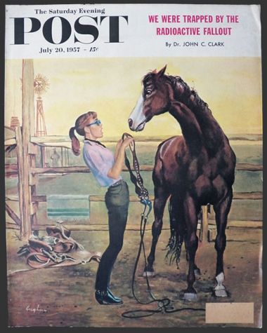 1957 Saturday Evening Post Cover ~ Girl Struggles to Bridle Horse