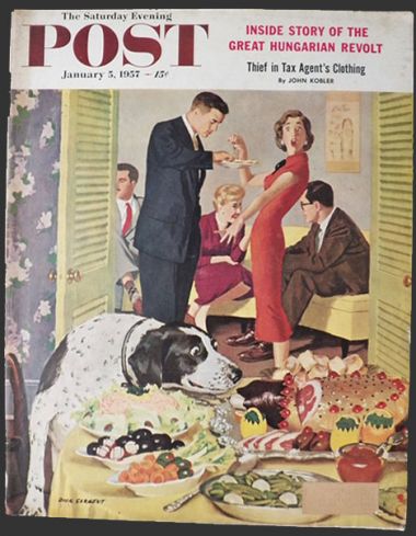 1957 Saturday Evening Post Cover ~ Dog Enjoys Food at Dinner Party