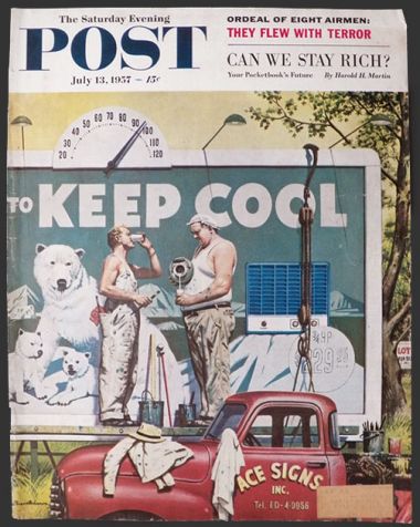 1957 Saturday Evening Post Cover ~ Men Sweat While Painting "Keep Cool" Billboard