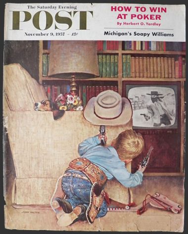 1957 Saturday Evening Post Cover ~ Boy Shoots Bad Guys on TV