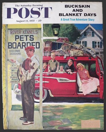 1957 Saturday Evening Post Cover ~ Dad Drops Off Basset Hound at Kennel