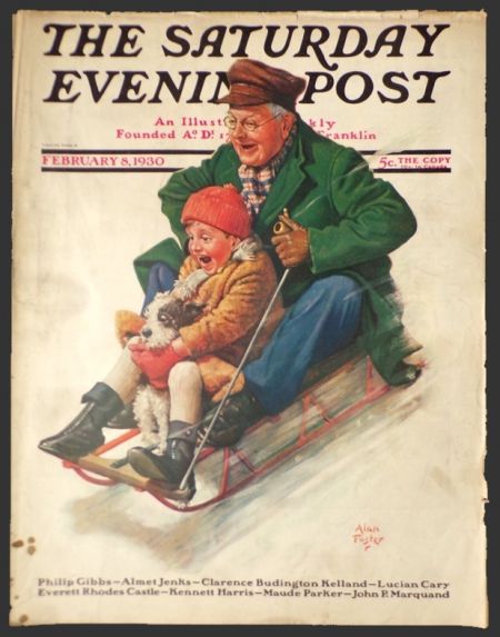 1930 Saturday Evening Post Cover ~ Dad Sleds with Son, Dog