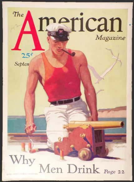 1931 The American Magazine Cover ~ Hunky Guy with Toy Cannon