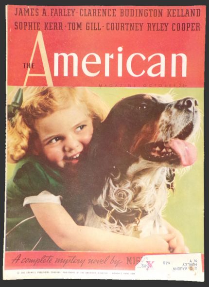 1938 The American Magazine Cover ~ Child Hugs Spaniel Dog