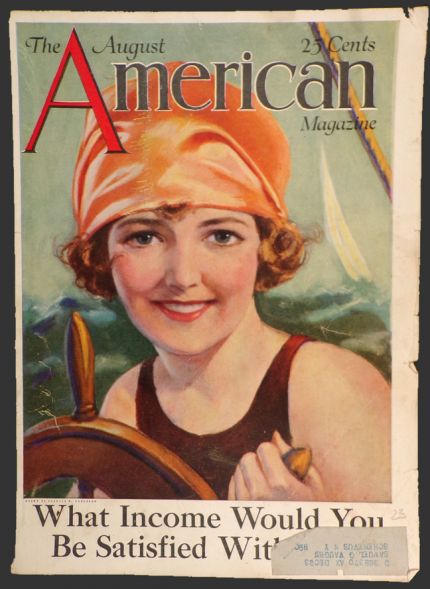 1923 The American Magazine Cover ~ Woman Steers Sailboat