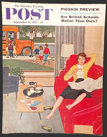 1959 Saturday Evening Post Cover ~ Mom Happy, Kids Off to School