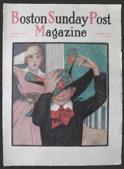 1917 Boston Sunday Post Cover ~ Boy with Mom's Hat ~ Gay Interest