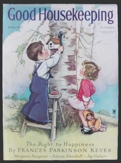 1935 Good Housekeeping Magazine Cover ~ Kids Hang Birdhouse
