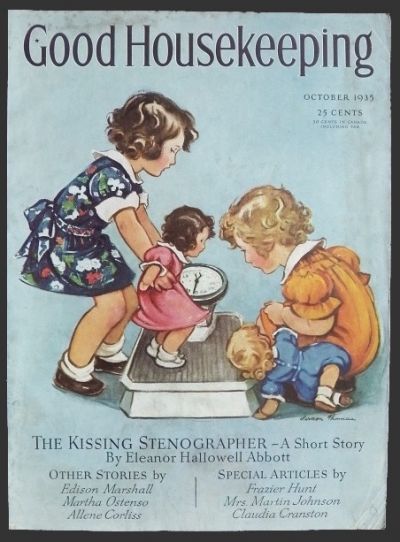 1935 Good Housekeeping Magazine Cover ~ Kids Weigh Dolls