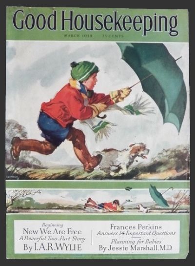 1938 Good Housekeeping Magazine Cover ~ Boy & Dog on Windy Day