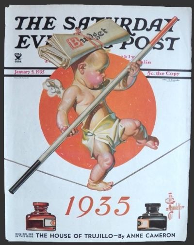 1935 Saturday Evening Post Cover ~ Leyendecker Baby Balancing Budget