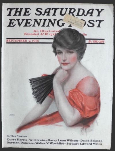 1916 Saturday Evening Post Cover ~ Pretty Lady with Fan