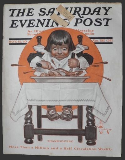 1910 Saturday Evening Post Cover ~ JC Leyendecker ~ Pilgrim Eats Turkey