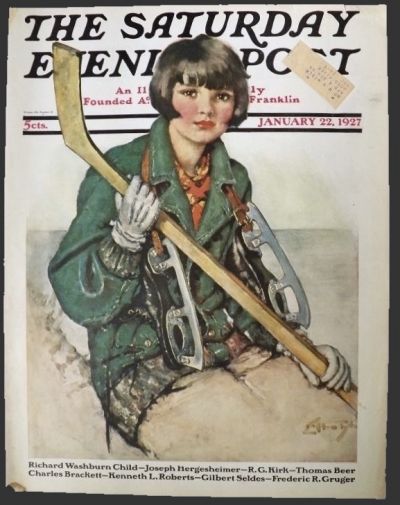 1927 Saturday Evening Post Cover ~ Girl Hockey Player