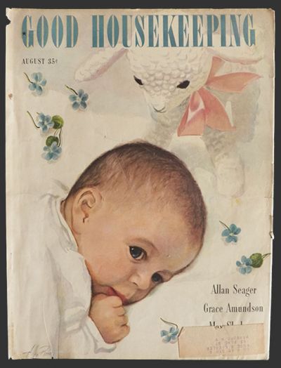 1946 Good Housekeeping Magazine Cover ~ Baby with Toy Lamb
