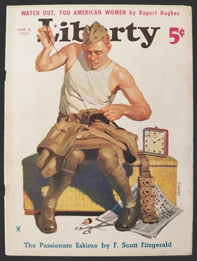 1935 Liberty Magazine Cover ~ Army Guy Sews Uniform for Parade
