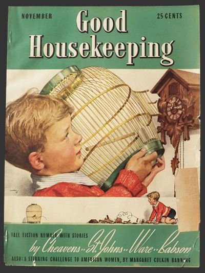 1939 Good Housekeeping Magazine Cover ~ Boy Tries to Cage Cuckoo
