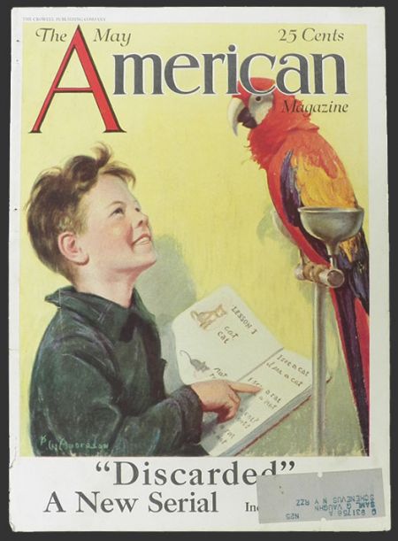 1925 American Magazine Cover ~ Boy Teaches Macaw Parrot to Talk