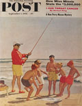 1956 Saturday Evening Post Cover ~ Beach Kids Mock Fisherman